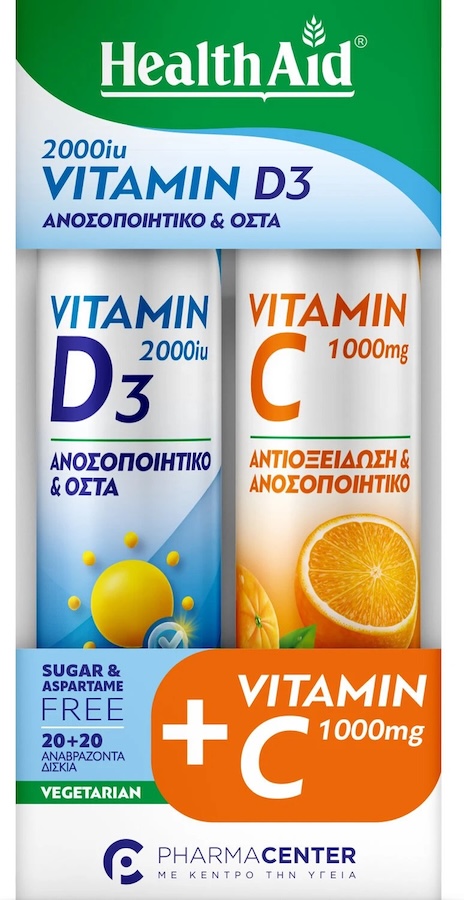 Health Aid Vitamin D3 2000iu & Vitamin C 1000mg Αναβράζουσες Βιταμίνες Πορτοκάλι 2x20eff.tabss