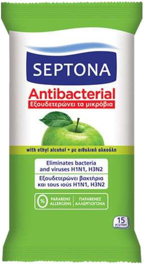 Septona Antibacterial Wipes Green Apple 15τμχ
