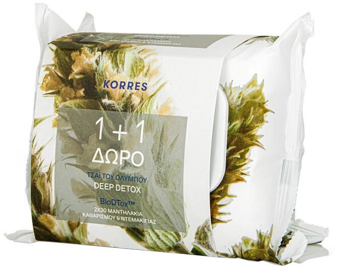 Korres 1+1 Olympus Tea Cleansing Wipes Deep Detox 2x30τμχ