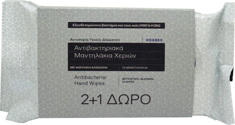 Korres 2+1 Antibacterial Hand Wipes Ethyl Alcohol 20% 3τμχ