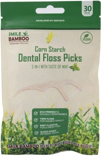 Smile Bamboo Corn Starch Dental Floss Picks 2in1 Mint 30τμχ