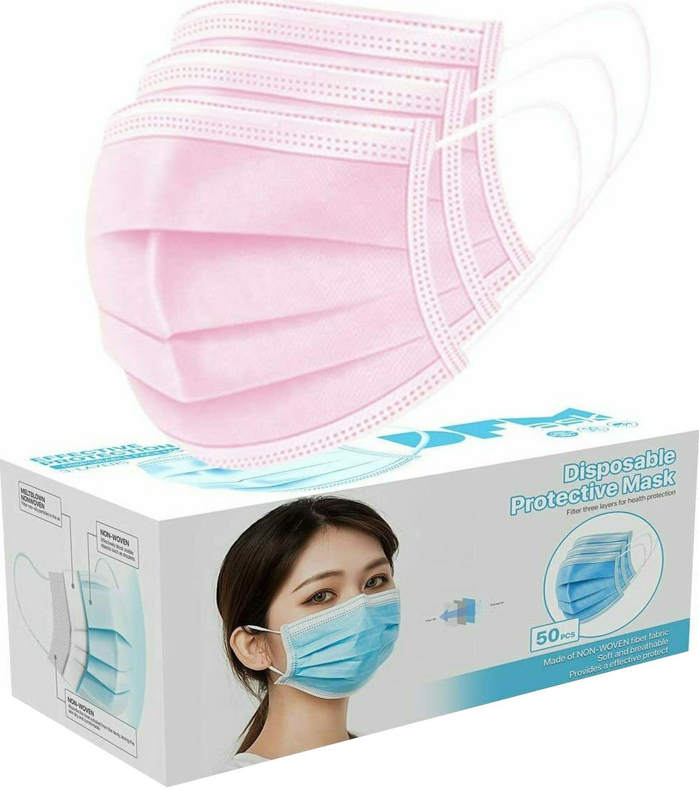 Disposable Face Mask 3-Layer Pink Elastic EarLoops 50τμχ