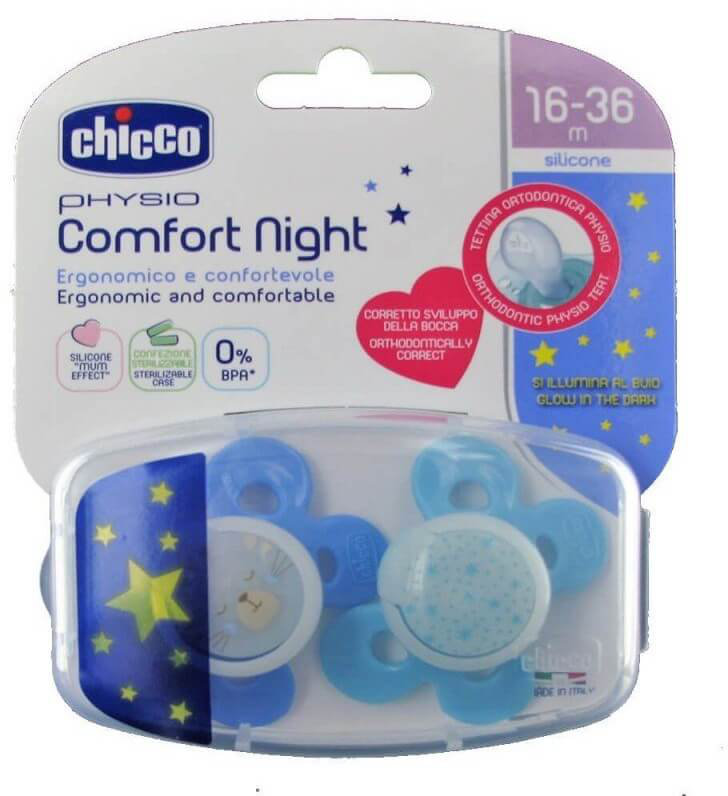 Chicco Physio Comfort Night Silicone 16-36m Blue 2τμχ