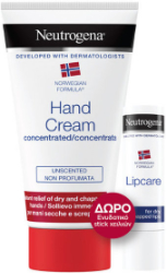 Neutrogena Hand Cream Concentrated Unscented Κρέμα Χεριών Χωρίς Άρωμα 75ml & Δώρο Neutrogena Lip Care Stick 4.8gr 110