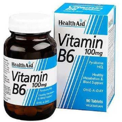 Health Aid B6 Vitamin 100mg Συμπλήρωμα Διατροφής Πυροξίνης ια τον Μεταβολισμό και την Λειτουργία του Εγκεφάλου 90tabs 153